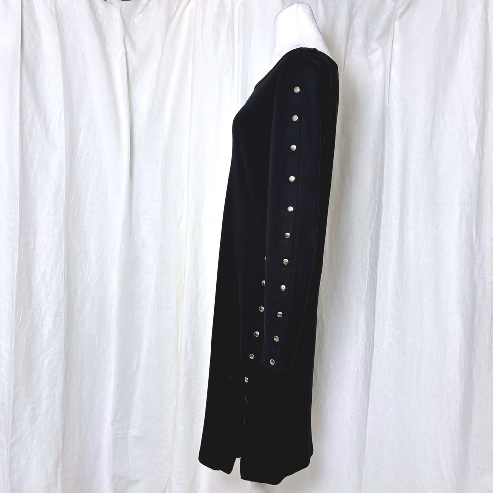 90s Vintage Long Sleeve Midi Dress Black Moto Silver Buttons LBD Minimalist L